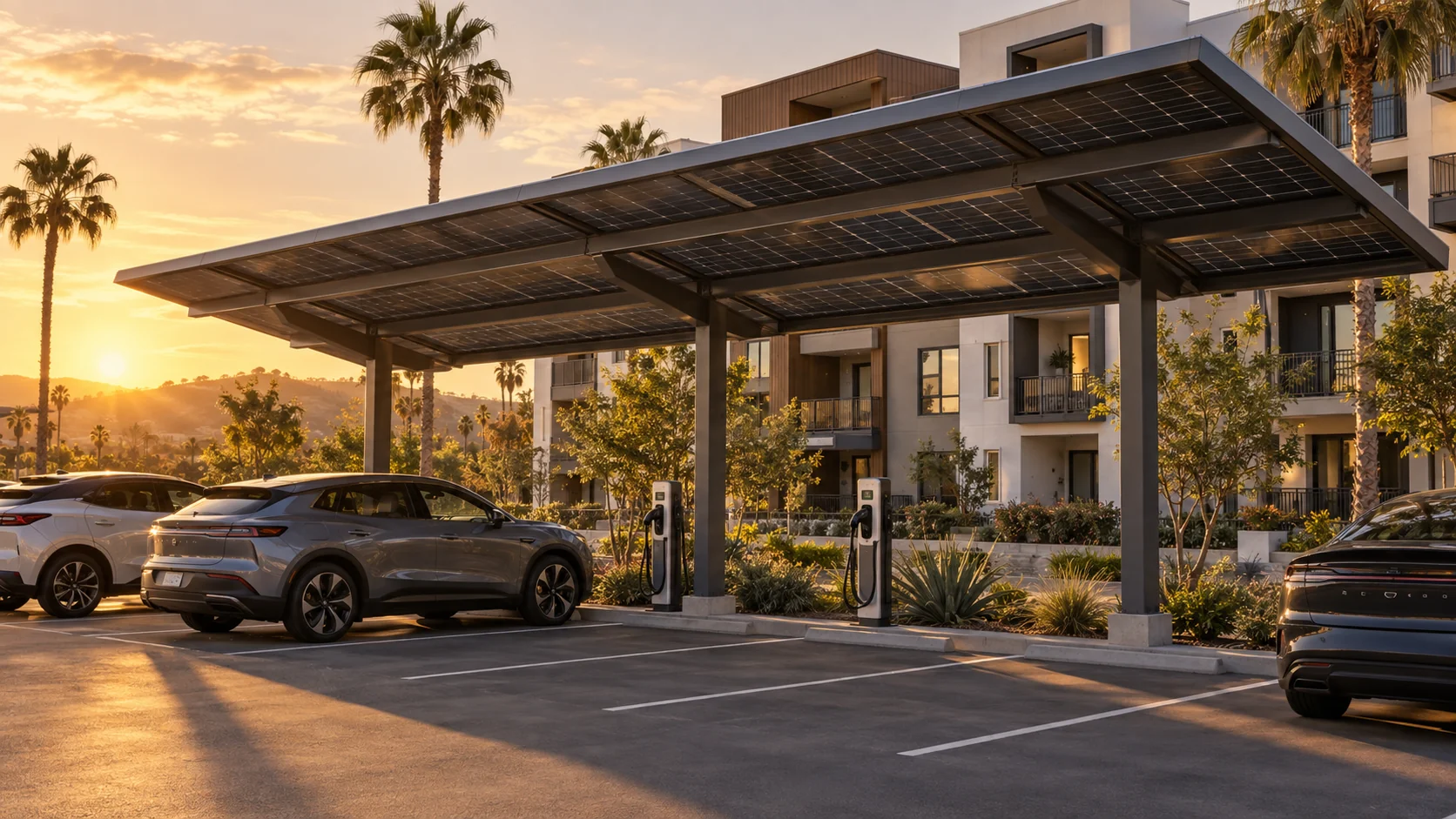 Illustration of a solar carport and EV chargers at a Southern California apartment property
