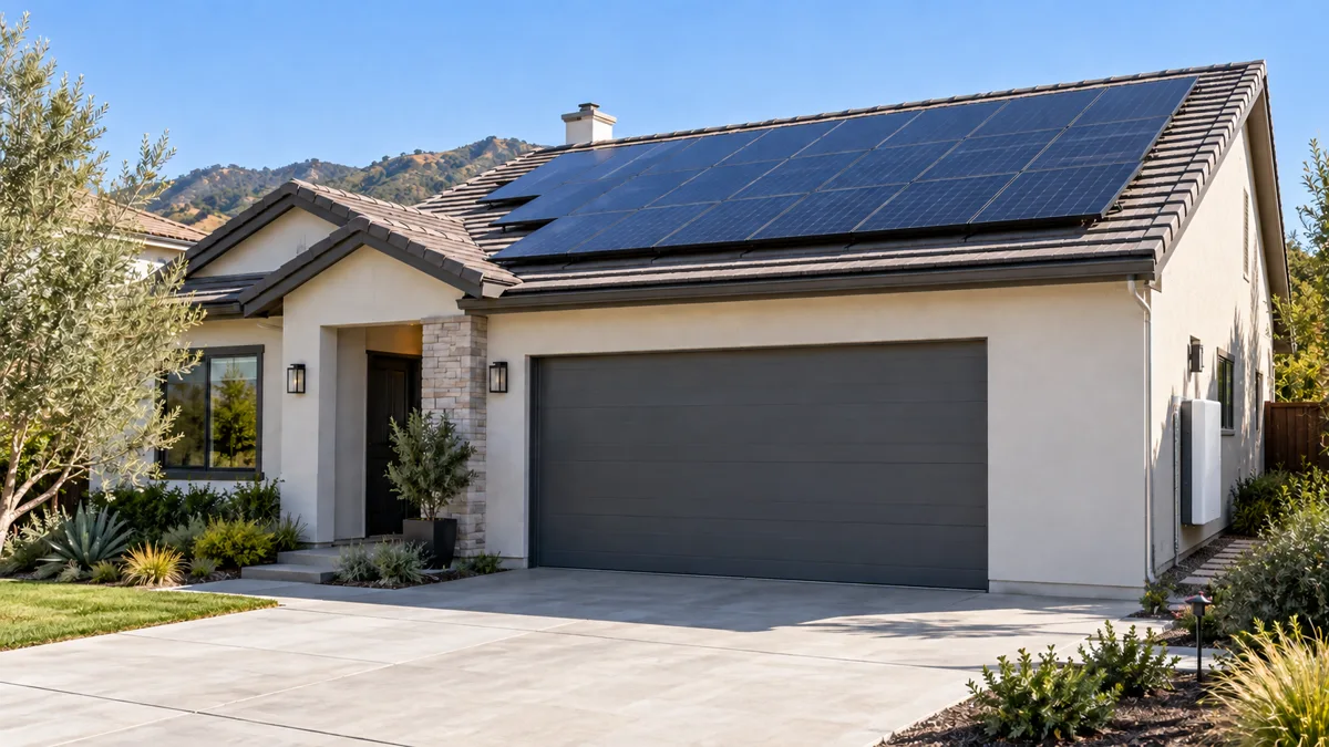 Concept image of a home with rooftop solar panels and a wall-mounted home battery